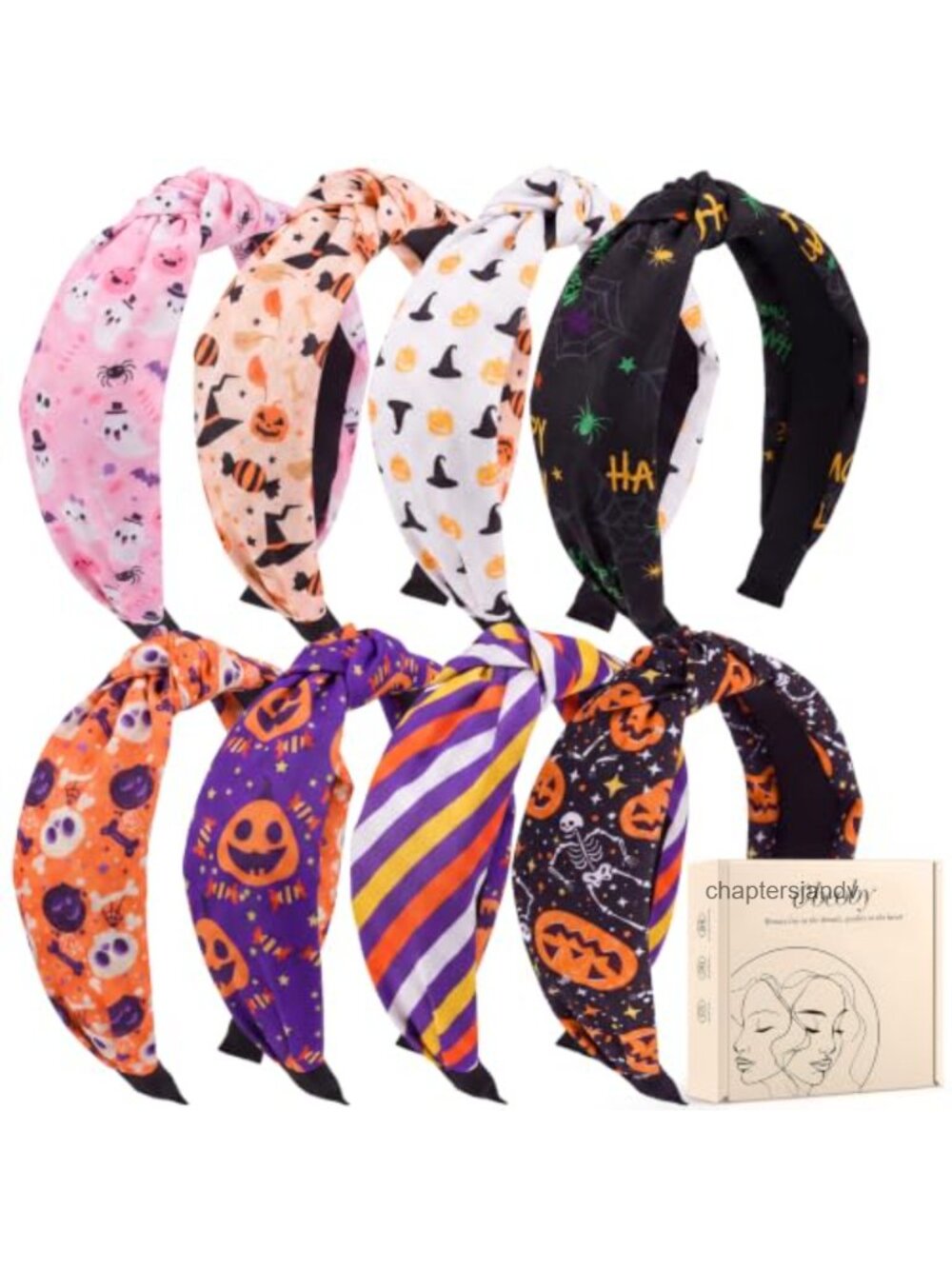 8 Pack Halloween Headbands Polyester Knotted Ghost Pumpkin Skull Hair